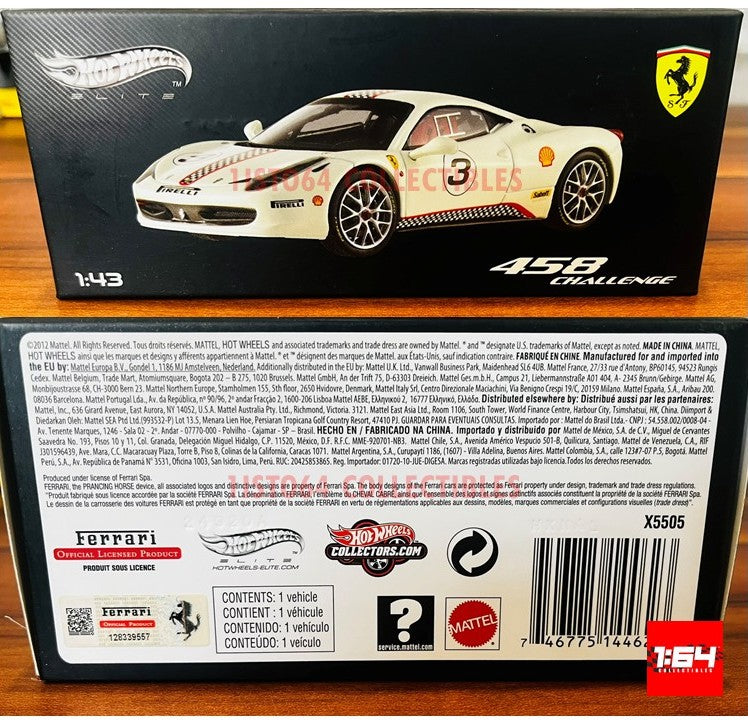 Hot Wheels Elite Ferrari 458 Challenge #3 1/43 Diecast White