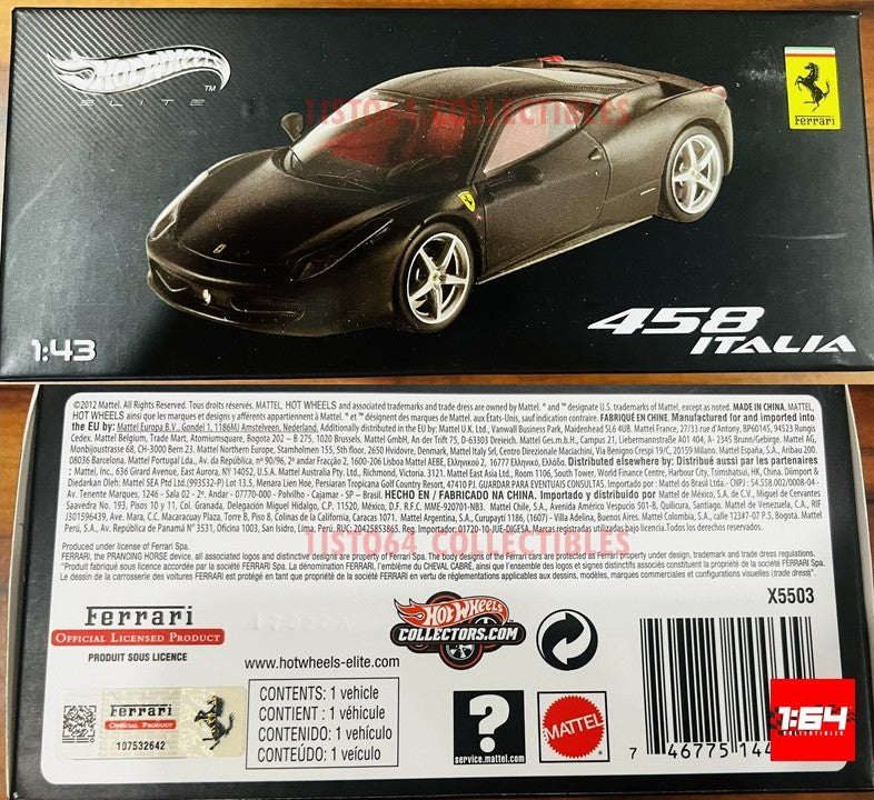 Hot Wheels Elite 1:43 Ferrari 458 Italy Black Matte Interiors Red X5503