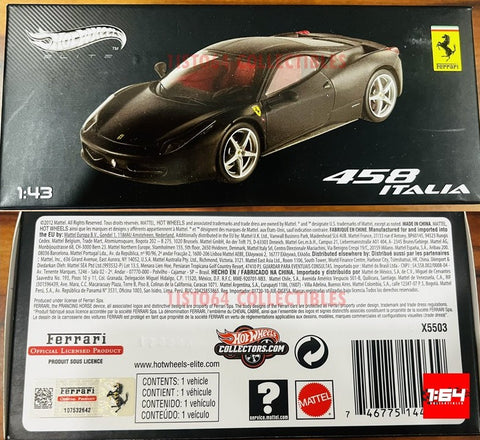Hot Wheels Elite 1:43 Ferrari 458 Italy Black Matte Interiors Red X5503