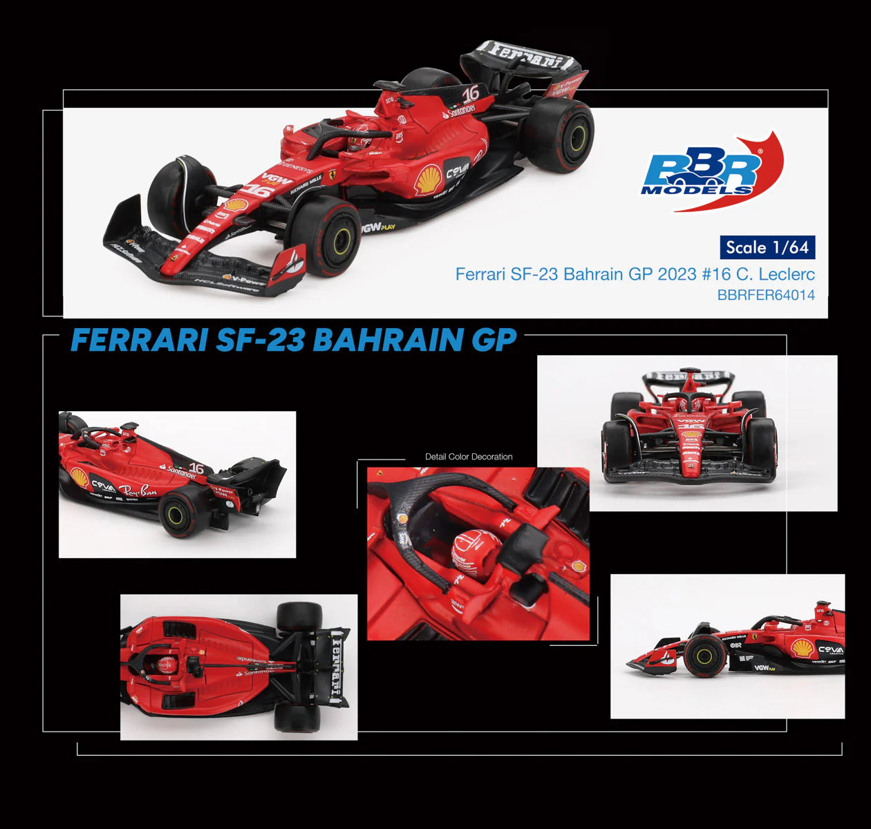 BBR Model 1:64 Ferrari SF23 #16 C. Leclerc 2023 Bahrain GP