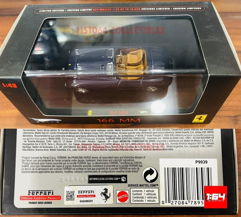 Hot Wheels Elite Ferrari 166MM 166 MM Blue 1949 1/43 P9939