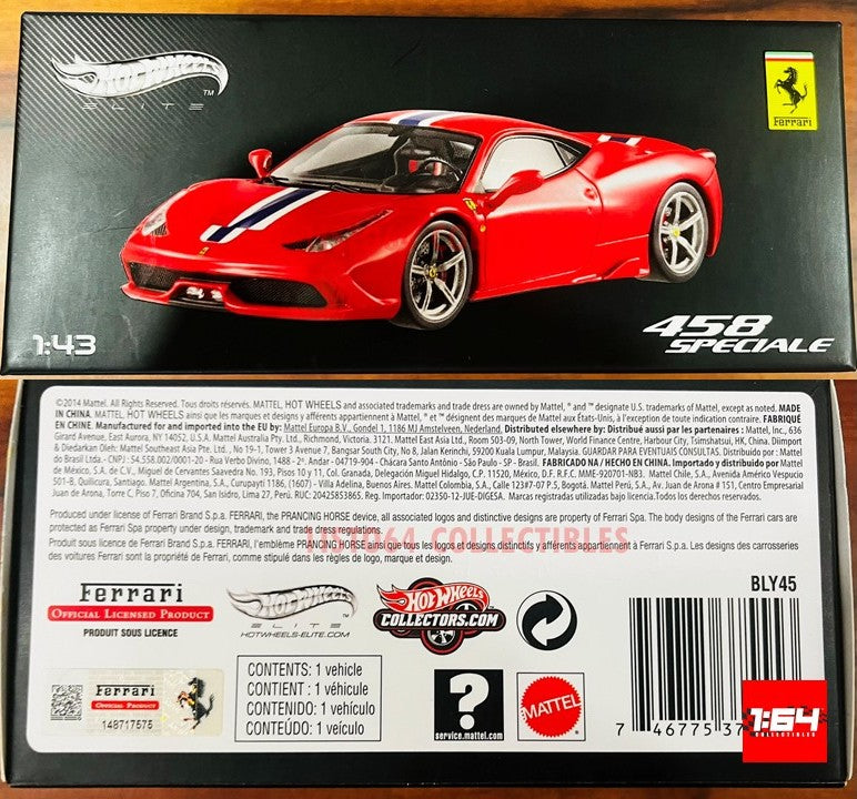 Hot Wheels Elite Bly45 Ferrari 458 Italia Speciale 1/43 Diecast Model Car Red