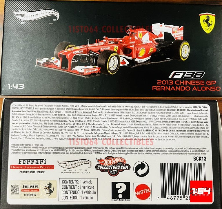 Hot Wheels Bck13 Elite Ferrari F1 F138 China Gp 2013 1/43 Fernando Alonso #3