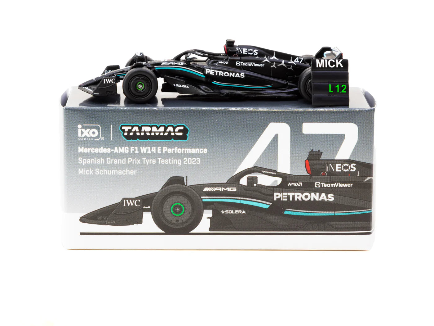 Tarmac Works - 1/64 Mercedes-AMG F1 W14 E Performance Spanish Grand Prix Tyre Testing 2023 #47 Mick Schumacher - Tarmac Works X iXO Models GLOBAL64