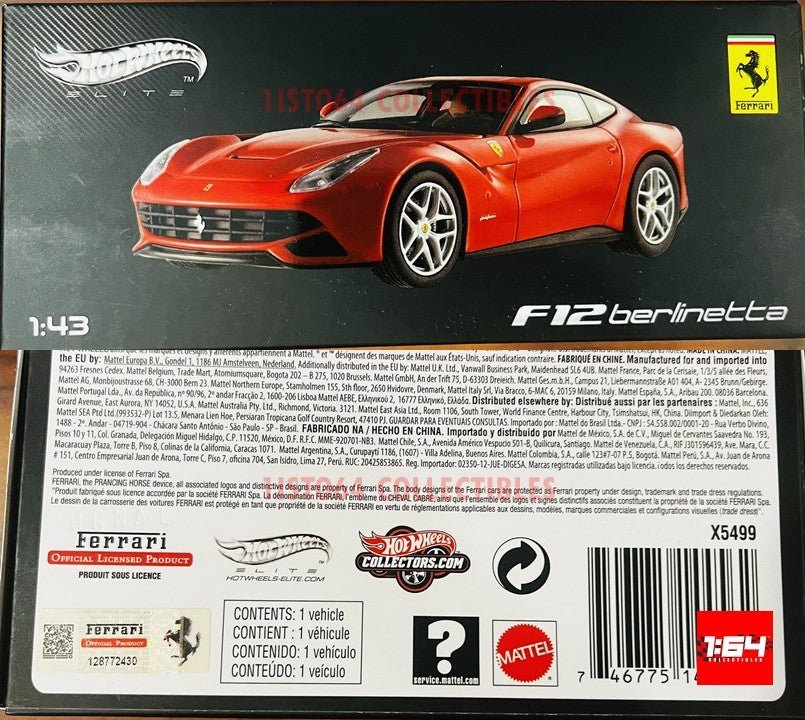 Ferrari F12 Berlinetta Red Elite Edition 1/43 by Hotwheels X5499 - 1ISTO64